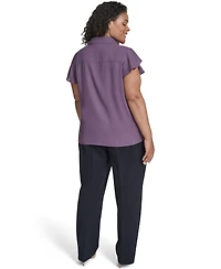 Calvin Klein Plus Solid Cap Sleeve Ruffle Front Top