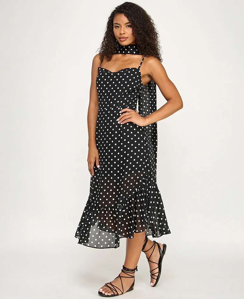 Seni & Cade Juniors' Polka Dot Sweetheart Neck Midi Dress with Scarf