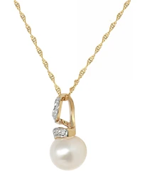 Macy's Fresh Water Pearl (8mm) and Diamond (0.3 ct. t.w.) Accent Pendant Necklace in 14K Yellow Gold