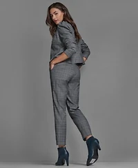 Bcbg Womens Plaid High Rise Straight Pants Long Sleeve Ruffle Jacket Sleeveless Mock Neck Knit Top