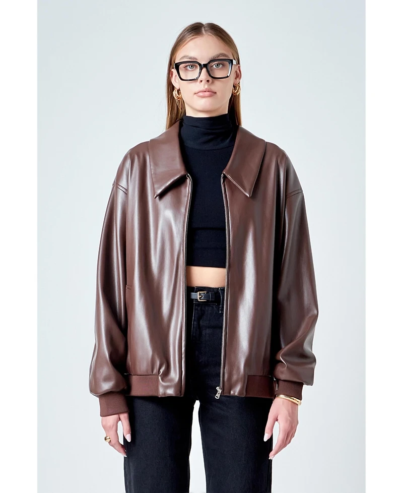 endless rose Women's Oversized Faux Leather Jacket