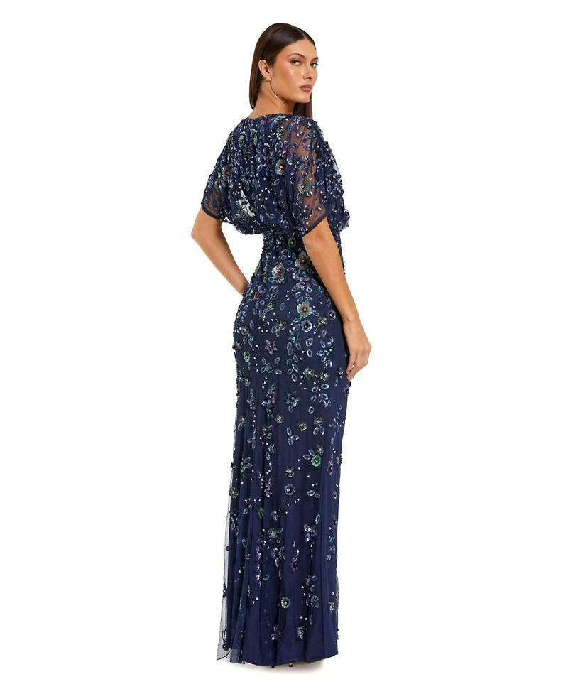 Mac Duggal Women's Floral Embellished Short Sleeve Blouson Gown
