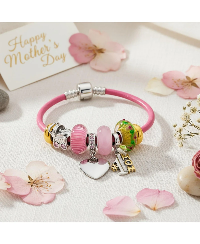 Bling Jewelry #1 Mom Family Heart Theme Beads Multi Charm Bracelet .925 Sterling Silver Pink Leather European Barrel Snap Clasp Bracelets 6.5 7 7.5 8