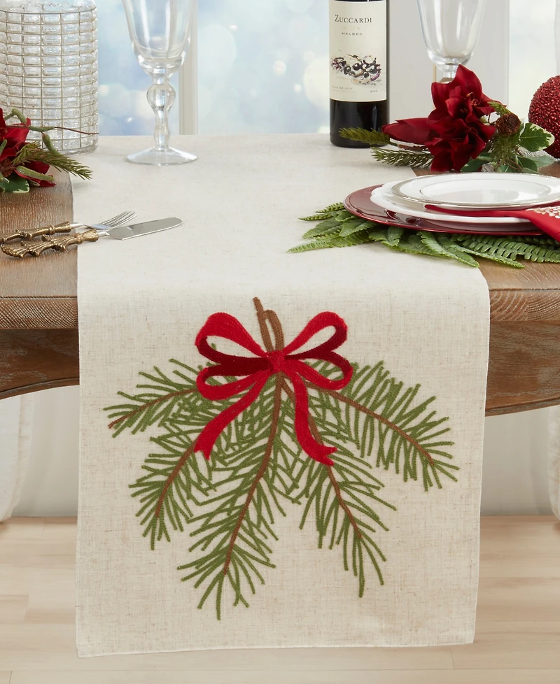 Saro Lifestyle Linen Blend Pine Needle and Bow Table Runner, 16" x 70"