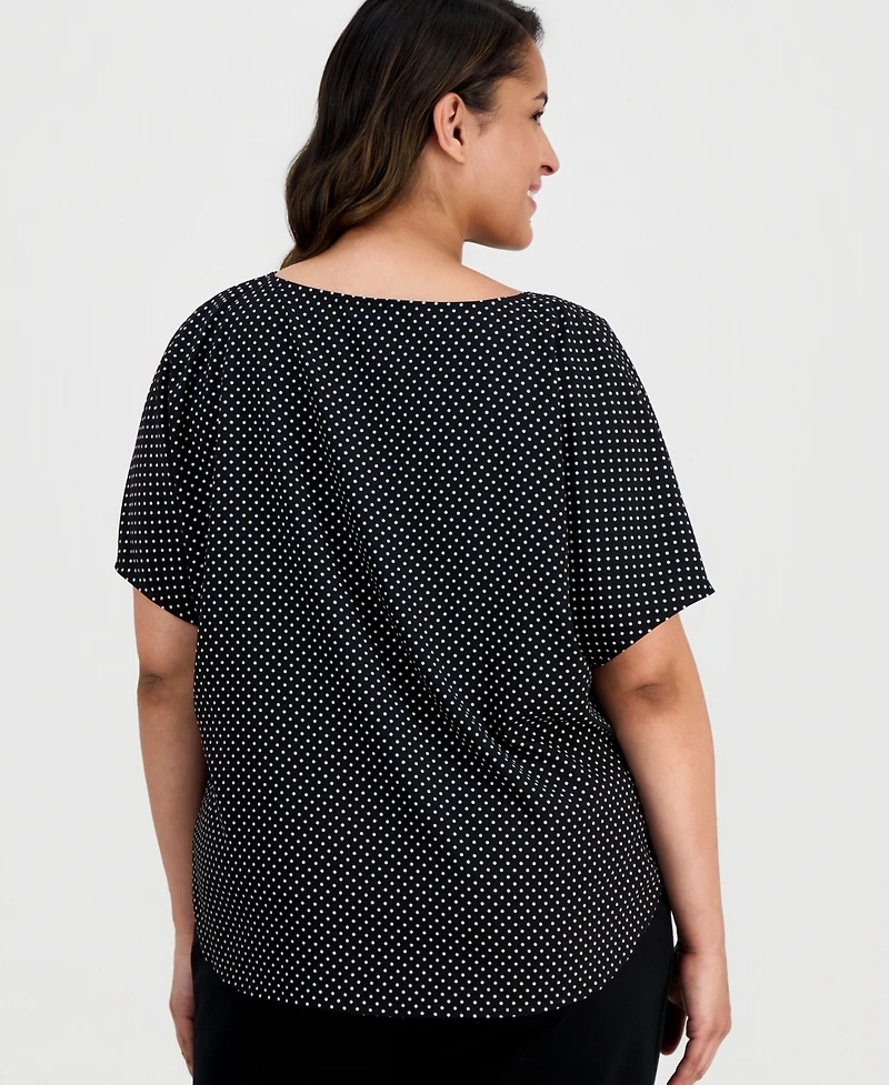 Anne Klein Plus Printed Boat-Neck Short-Sleeve Top