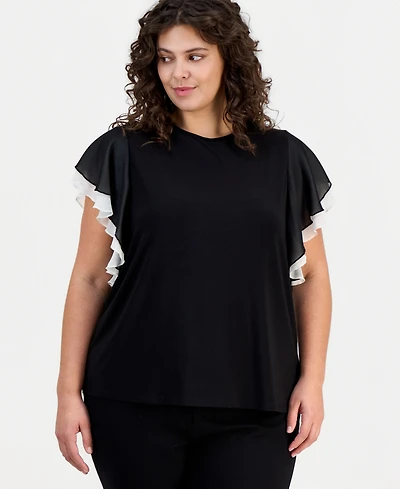 Anne Klein Plus Layered Flutter-Sleeve Top