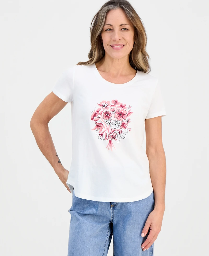 Style & Co Petite Love Flowers Perfect Crewneck T-Shirt, Macy's Exclusive