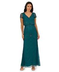 Adrianna Papell Petite Bead Blouson V-Neck Long Dress
