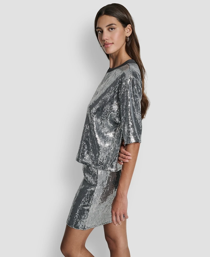 Dkny Jeans Women's Sequins Crewneck Boxy Short-Sleeve Relaxed T-Shirt