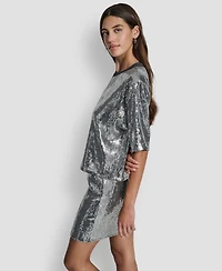 Dkny Jeans Women's Sequins Crewneck Boxy Short-Sleeve Relaxed T-Shirt