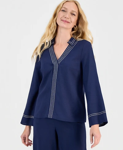 Jm Collection Women's Trapunto Stitch Collared Long-Sleeve Top, Macy's Exclusive