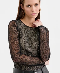 Bar Iii Women's Long-Sleeve Lace Thong Bodysuit, Macy's Exclusive