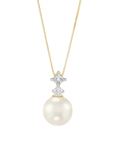 Grown With Love White Ming Cultivated Pearl (11-12mm) and Lab Grown Diamond Pendant Necklace (1/2 ct. t.w.) in 10K Yellow Gold