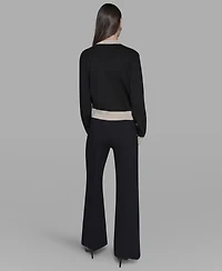 Karl Lagerfeld Paris Women's Contrast Trim Crewneck Sweater