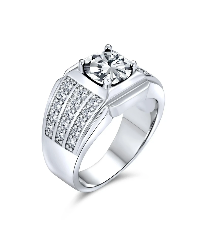 Bling Jewelry 3 Row Pave Cubic Zirconia Wide Side Band 3CTW Cz Solitaire Statement Ring Silver Plated