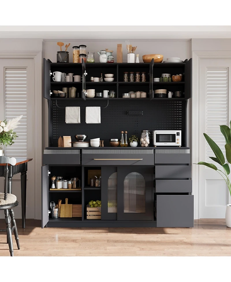 Boyel Living 63"W Buffet Hutch with Coffee Bar Storage, 6 Drawers, 5 Cabinets, Pegboard & Power Outlet