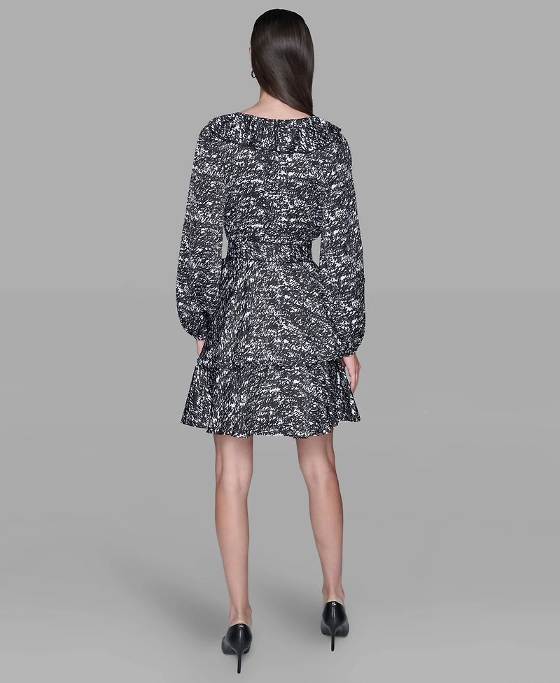 Karl Lagerfeld Paris Women's Printed Satin Ruffle V-Neck Dress