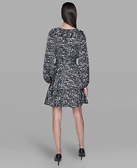 Karl Lagerfeld Paris Women's Printed Satin Ruffle V-Neck Dress