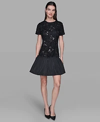 Karl Lagerfeld Paris Women's Sequin Bow Applique Drop-Waist Dress