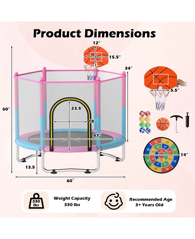 Mecale 60 Inch Kids Trampoline Toddler Recreational Trampoline With Basketball Hoop