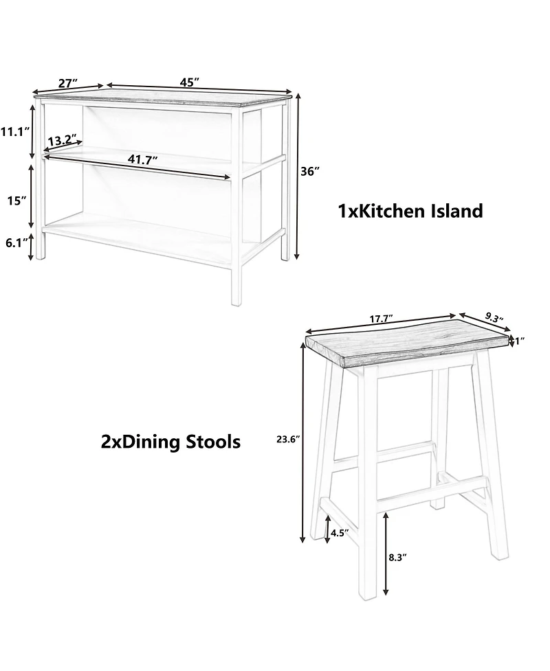 Boyel Living 3-Piece 45-Inch Stationary Kitchen Island Set with 2 Seatings, Butcher Block Dining Table Prep Set with 2 Open Shelves for Small Spaces