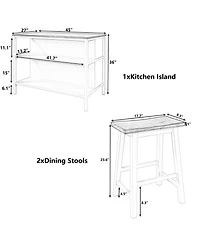 Boyel Living 3-Piece 45-Inch Stationary Kitchen Island Set with 2 Seatings, Butcher Block Dining Table Prep Set with 2 Open Shelves for Small Spaces