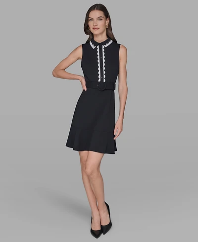 Karl Lagerfeld Paris Women's Belted Collared A-Line Dress