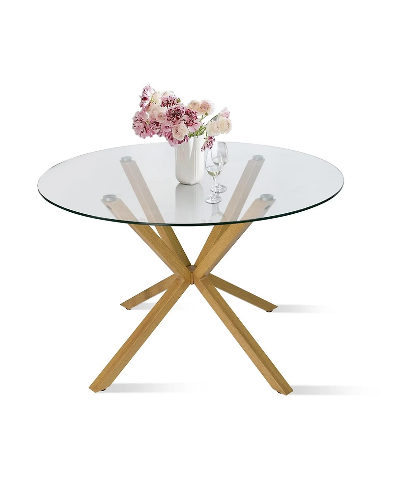 Maison Boucle 5-Piece Round Glass Dining Set, Modern Kitchen Table with Oak Finish Metal Legs and 4 Upholstered Chairs for Small Spaces