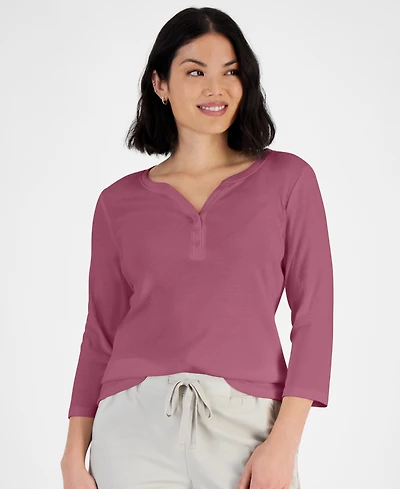 Style & Co Petite Cotton Knit Henley 3/4-Sleeve Top, Created for Macy's