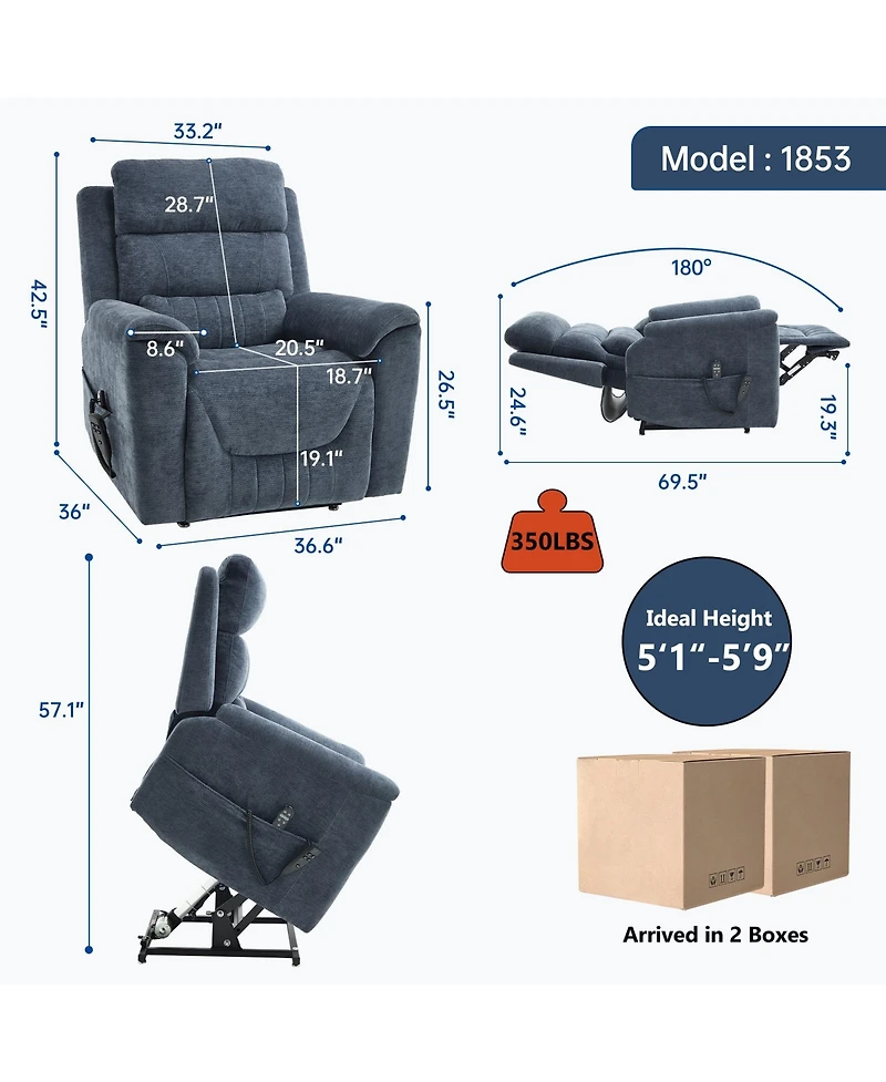 Chenille Dual Motor Infinite Position Up to 350 Lbs Power Lift Recliner Chair with 8-Point Vibration Massage and Lumbar Heating,Blue