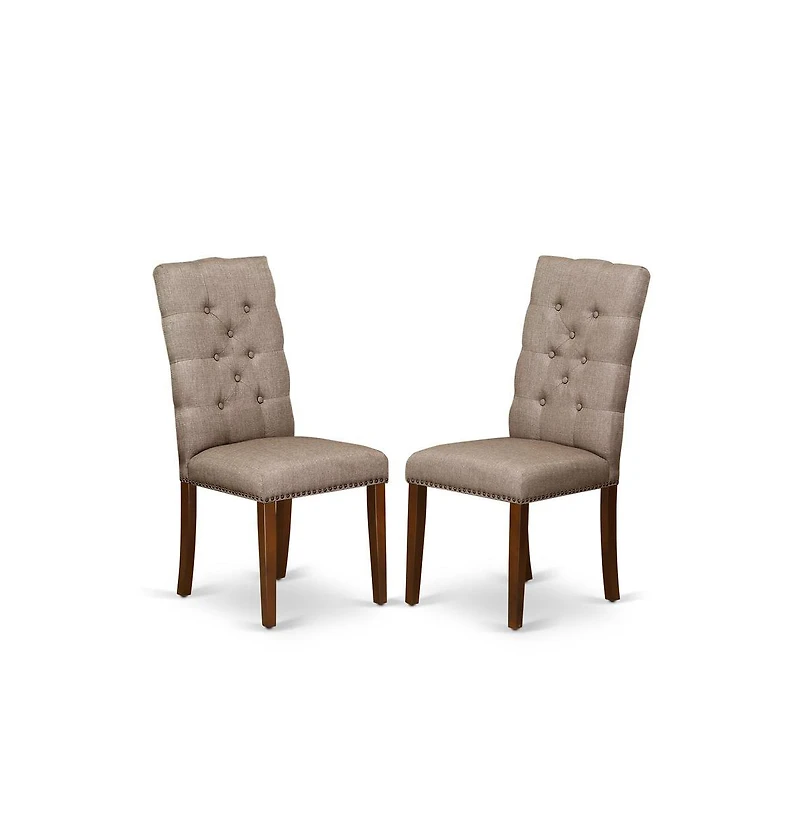 5 Piece Dining Set Includes 1 Drop Leaves Wooden Table and 4 Dark Khaki Linen Fabric Parsons Chair Button Tufted Back with Nail Heads