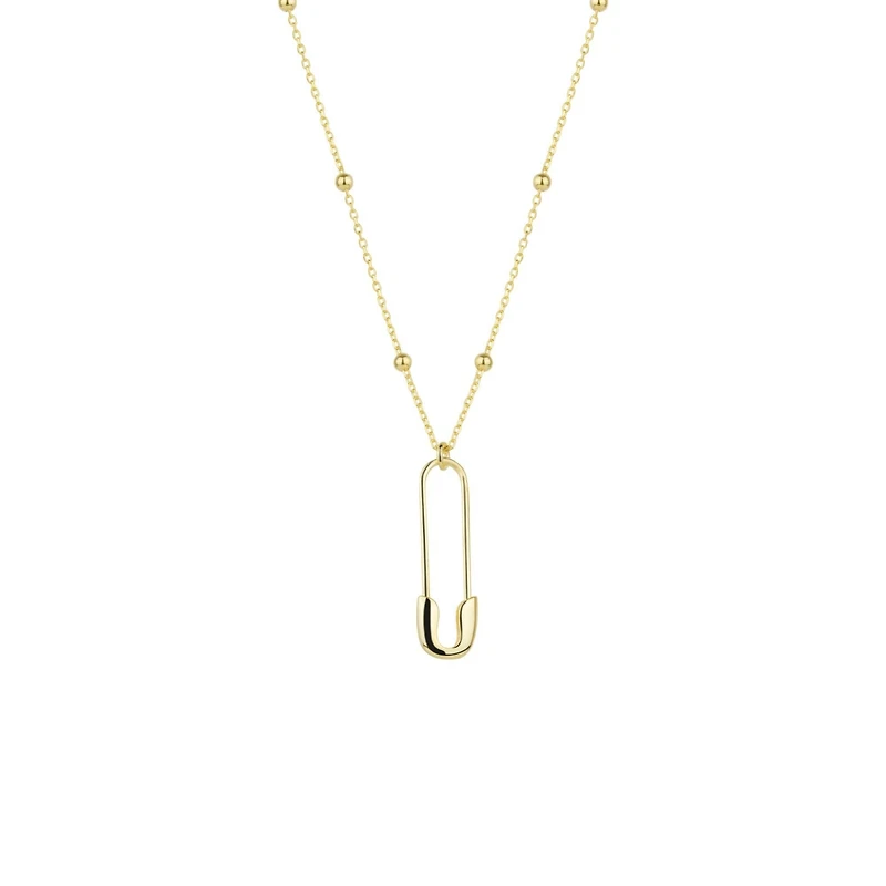 Sterling Silver Safety Pin Necklace With Beaded Satellite Chain