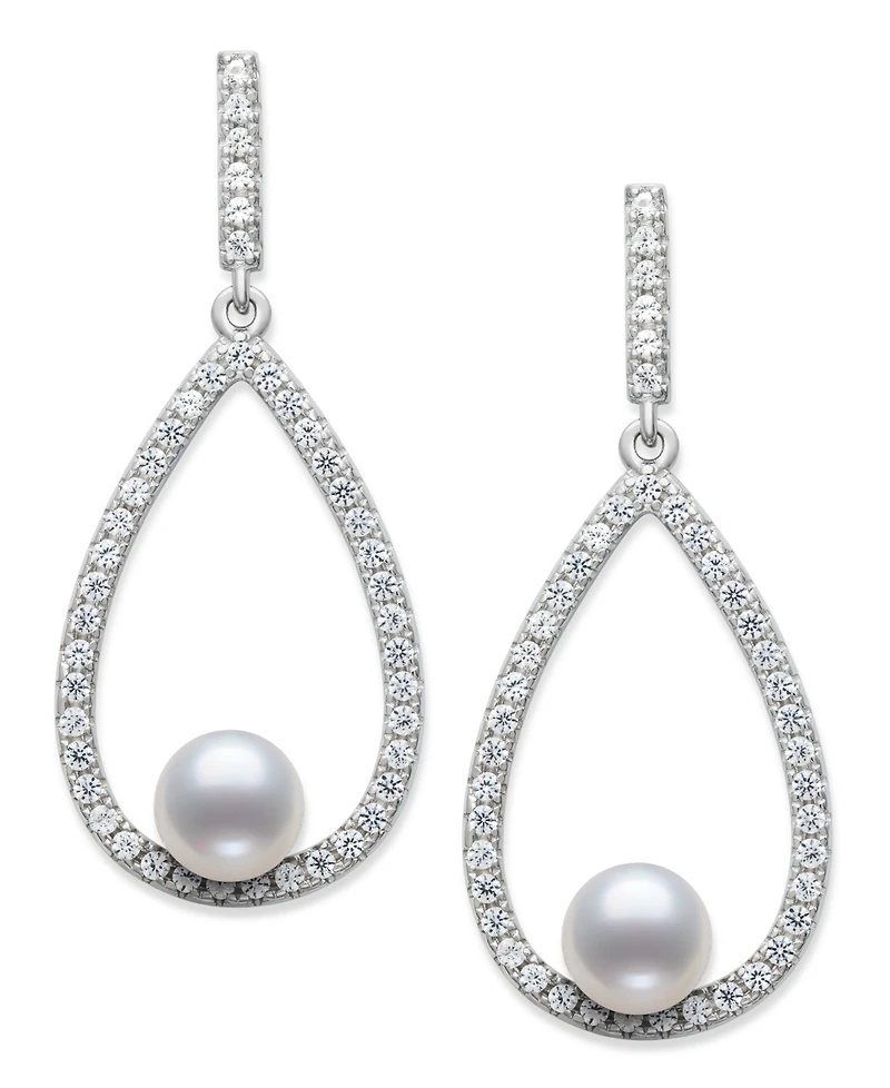 Belle de Mer Cultured Freshwater Button Pearl (6-7mm) and Lab Created Sapphire(1 3/4 ct.t.w) Earrings in Sterling Silver