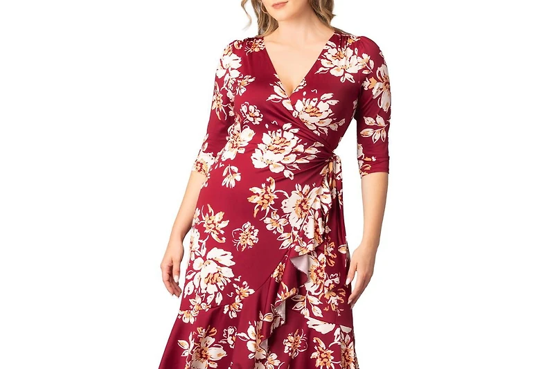Kiyonna Plus Flirty Flounce Midi Wrap Dress with 3/4 Sleeves