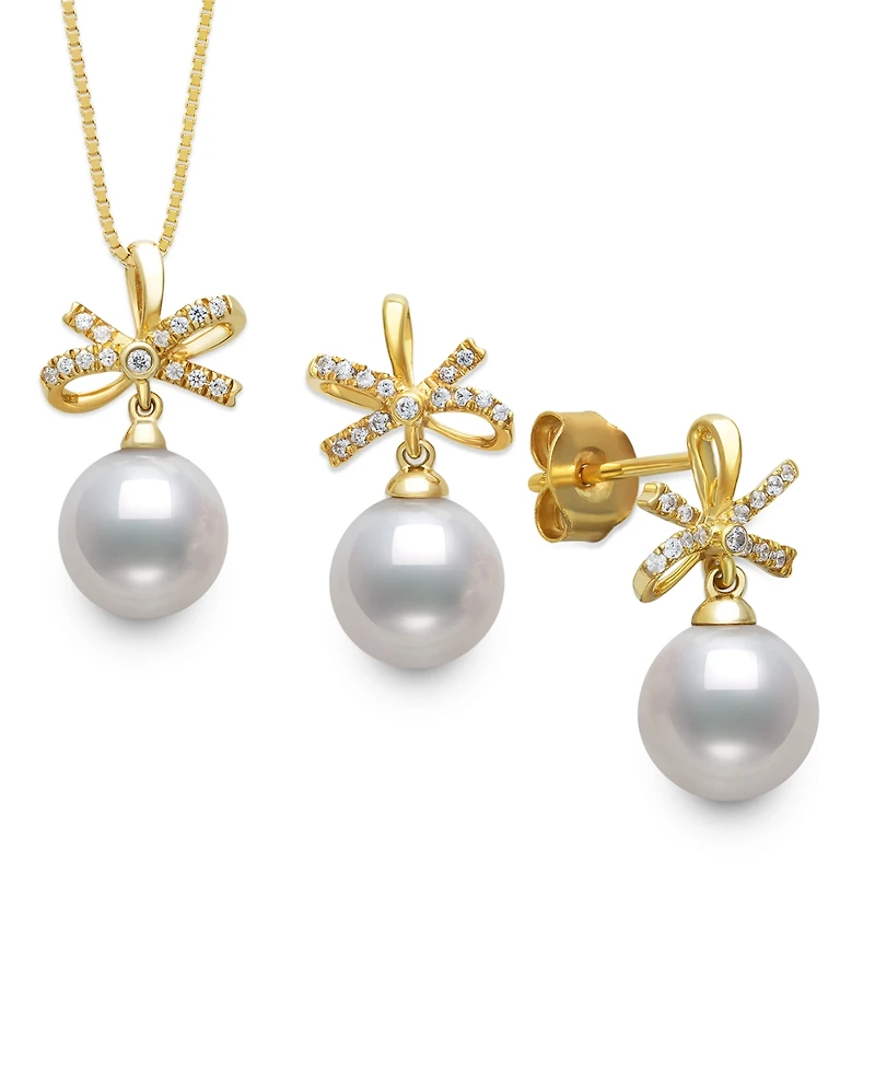 Belle de Mer Freshwater Pearl (7-8mm) and Cubic Zirconia Jewelry Set in Gold Over Silver