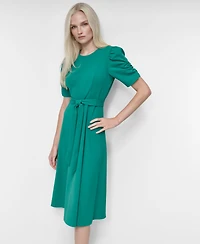 Dkny Women's Short Sleeve Scuba Crepe Belted Fit and Flare Midi Dress