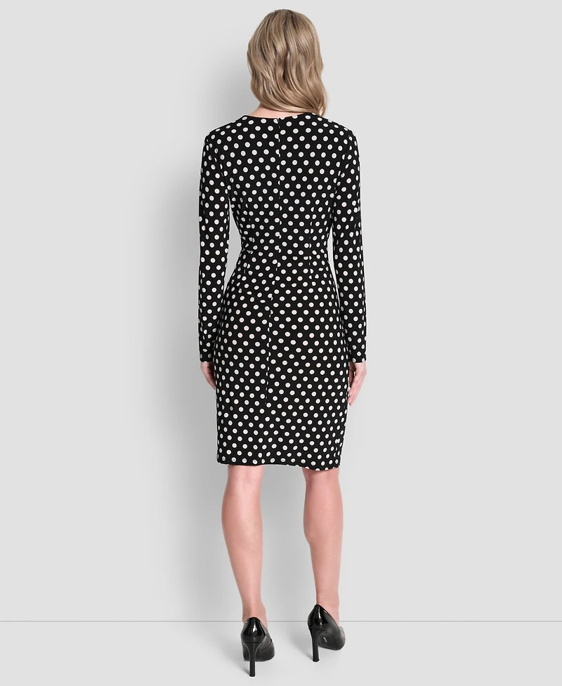Dkny Women's Long Sleeve Faux Wrap Polka Dot Knee Length Dress