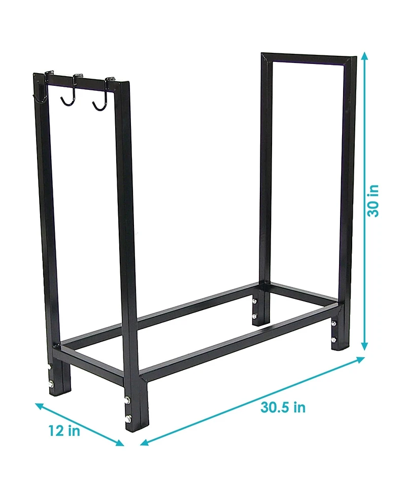Indoor/Outdoor Steel Fire Pit or Fireplace Firewood Log Rack Holder with Hooks - 30"