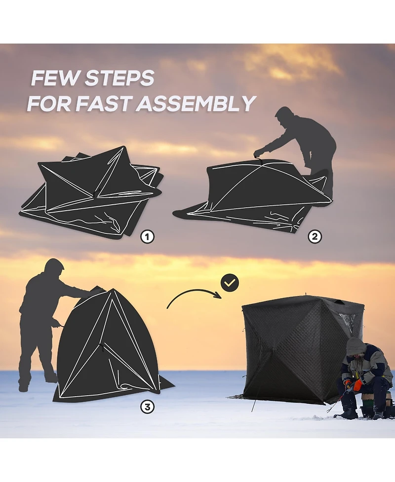 Outsunny 2 Person Ice Fishing Shelter with Padded Walls, Thermal Waterproof Portable Pop Up Ice Tent with 2 Doors, Black