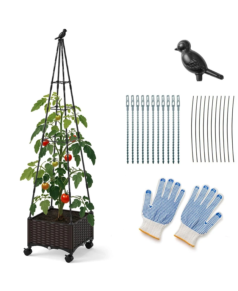 Costway 1 Pcs Raised Garden Bed with Plant Box & Obelisk Trellis Lockable Wheels Cage Planter