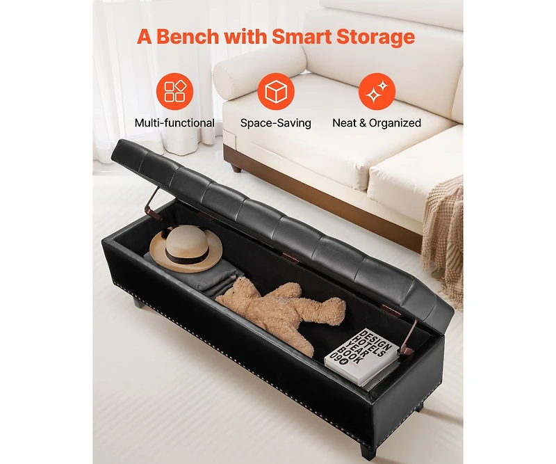 Pu Leather Storage Ottoman Bench Gray with Button-Tufted Design and Wooden Legs