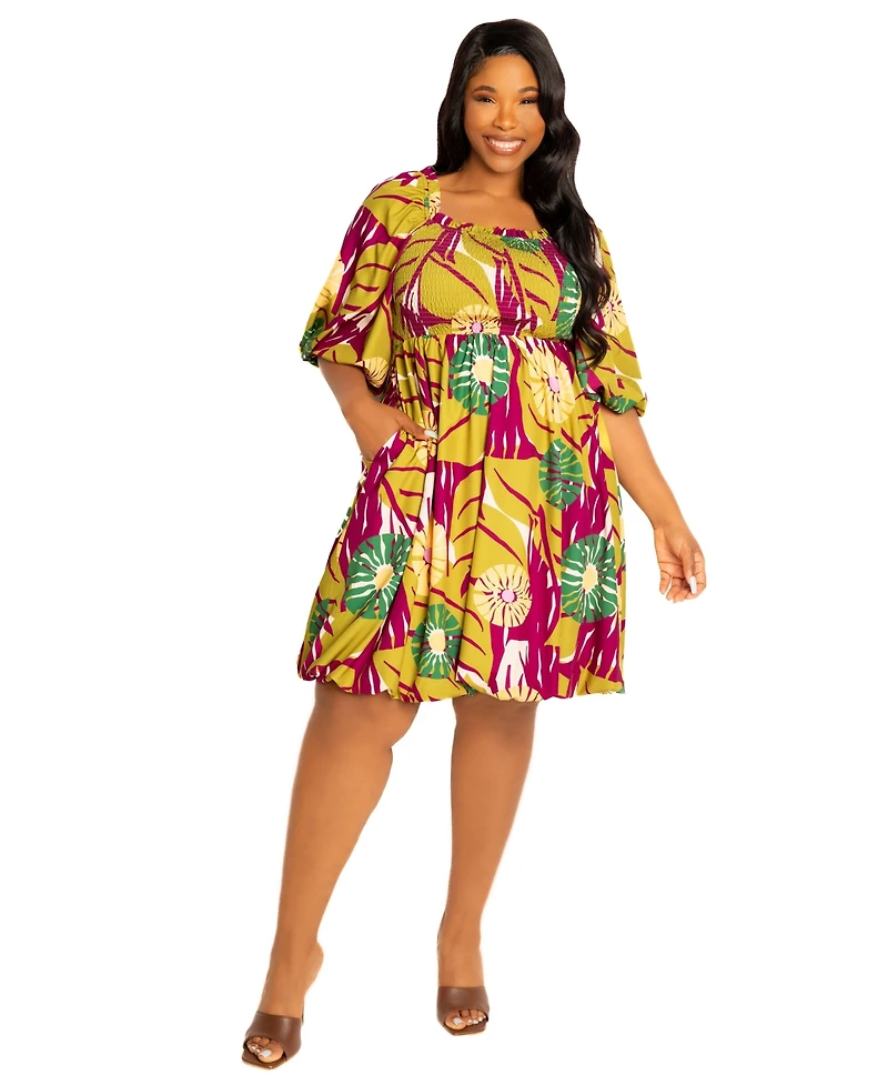 Buxom Couture Plus Print Smocked Puff Sleeve Bubbled Dress