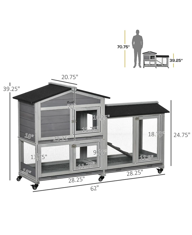 PawHut 62" Wooden Rabbit Hutch with Wheels, Run Box, No Leak Tray, and Ramp