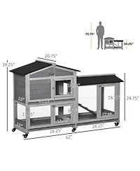 PawHut 62" Wooden Rabbit Hutch with Wheels, Run Box, No Leak Tray, and Ramp