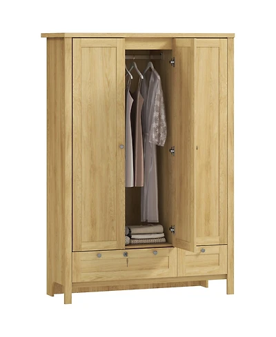 Homcom Wardrobe Closet with 3 Doors and 2 Drawers Bedroom Armoire Natural