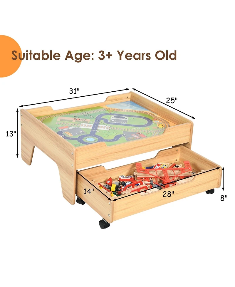Sugift Children's Wooden Railway Set Table with 100 Pieces Storage Drawers