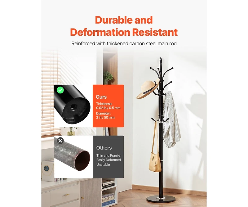 Slickblue Freestanding Coat Rack with Marble Base and 6 Hooks for Coats and Hats