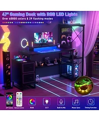 Gaming Desk with 2 Fabric Drawers and Led Lights, Reversible Computer Outlets & Diy Pegboard