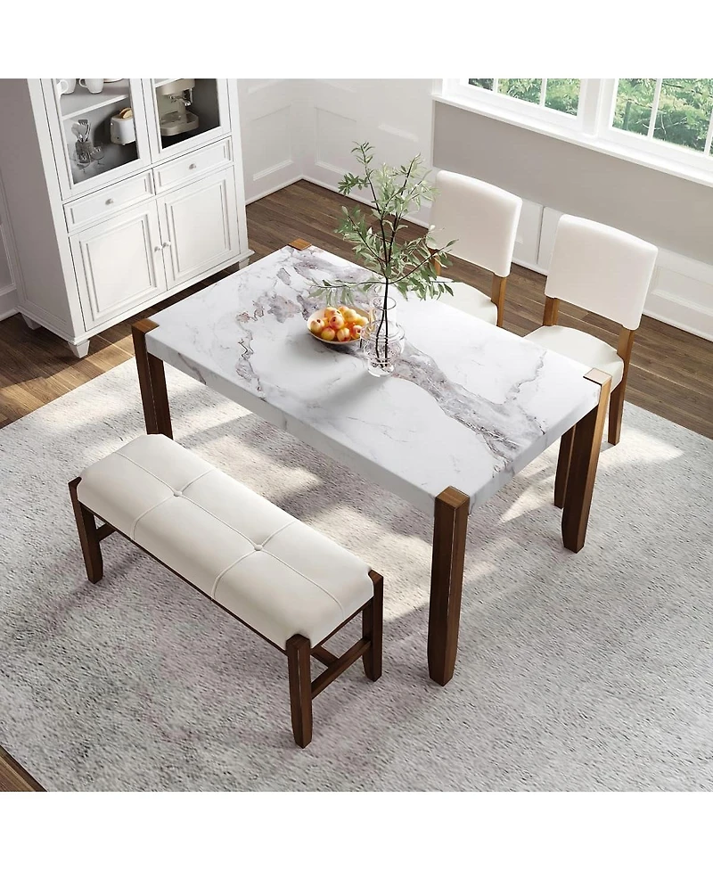 Maison Boucle 4-Piece Dining Table Set with Faux Marble Top, 2 Upholstered Chairs and Bench, Kitchen Table Set for Small Spaces