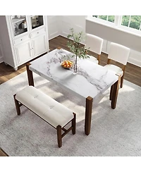 Maison Boucle 4-Piece Dining Table Set with Faux Marble Top, 2 Upholstered Chairs and Bench, Kitchen Table Set for Small Spaces